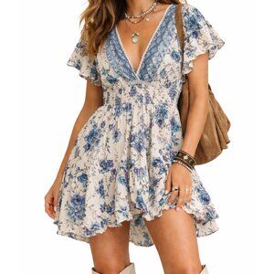 Angie Blue Flutter Sleeve Boho Floral Mini Dress/Coverup NWT Size Medium